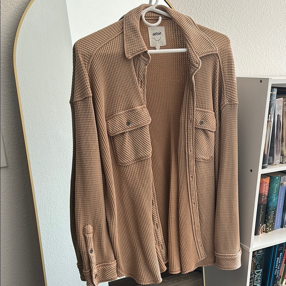 Tan Waffle Knit Button-Up Shacket